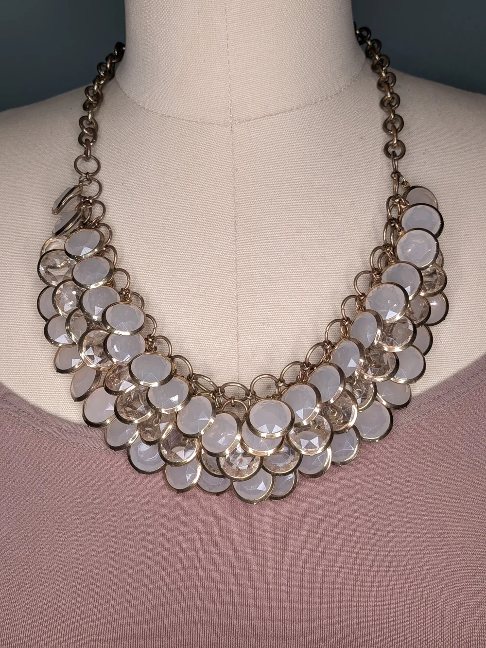 Antique Gold Milky White Glass Cabochon Scale Bib Statement Necklace